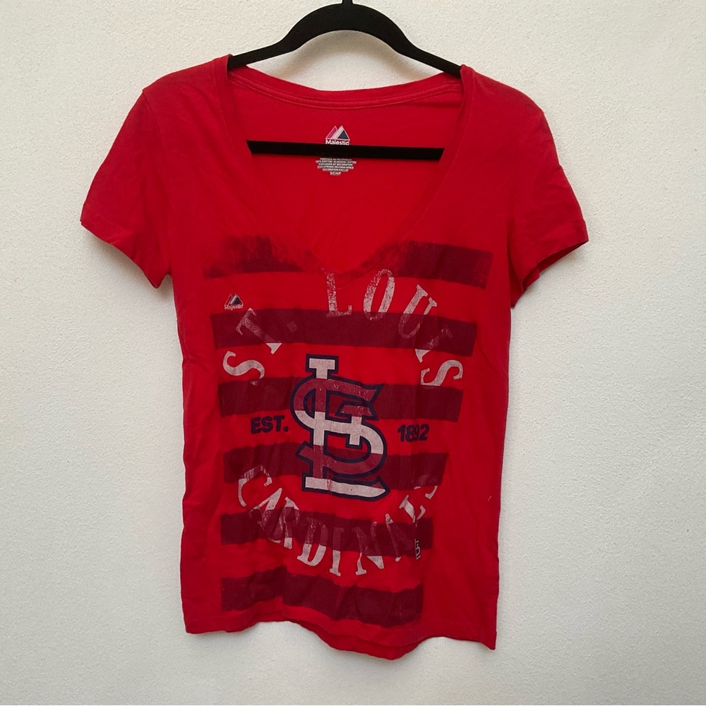 Majestic Red Striped St. Louis Cardinals V-Neck T-Shirt Size Small Baseball